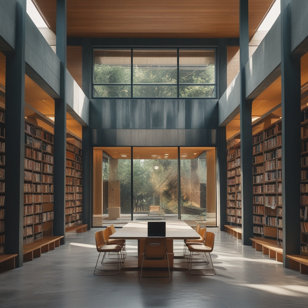Przestronne, jasne wnętrze biblioteki lub centrum edukacyjnego z wysokimi półkami na książki, dużymi oknami i drewnianymi stołami do nauki, ciepłe naturalne światło