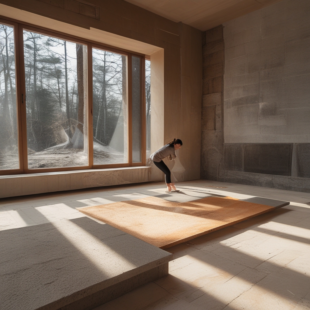 Osoba w jasnym studio wykonująca głęboki skłon do przodu z wyprostowanymi nogami, podłoga drewniana, naturalne oświetlenie wpadające z boku